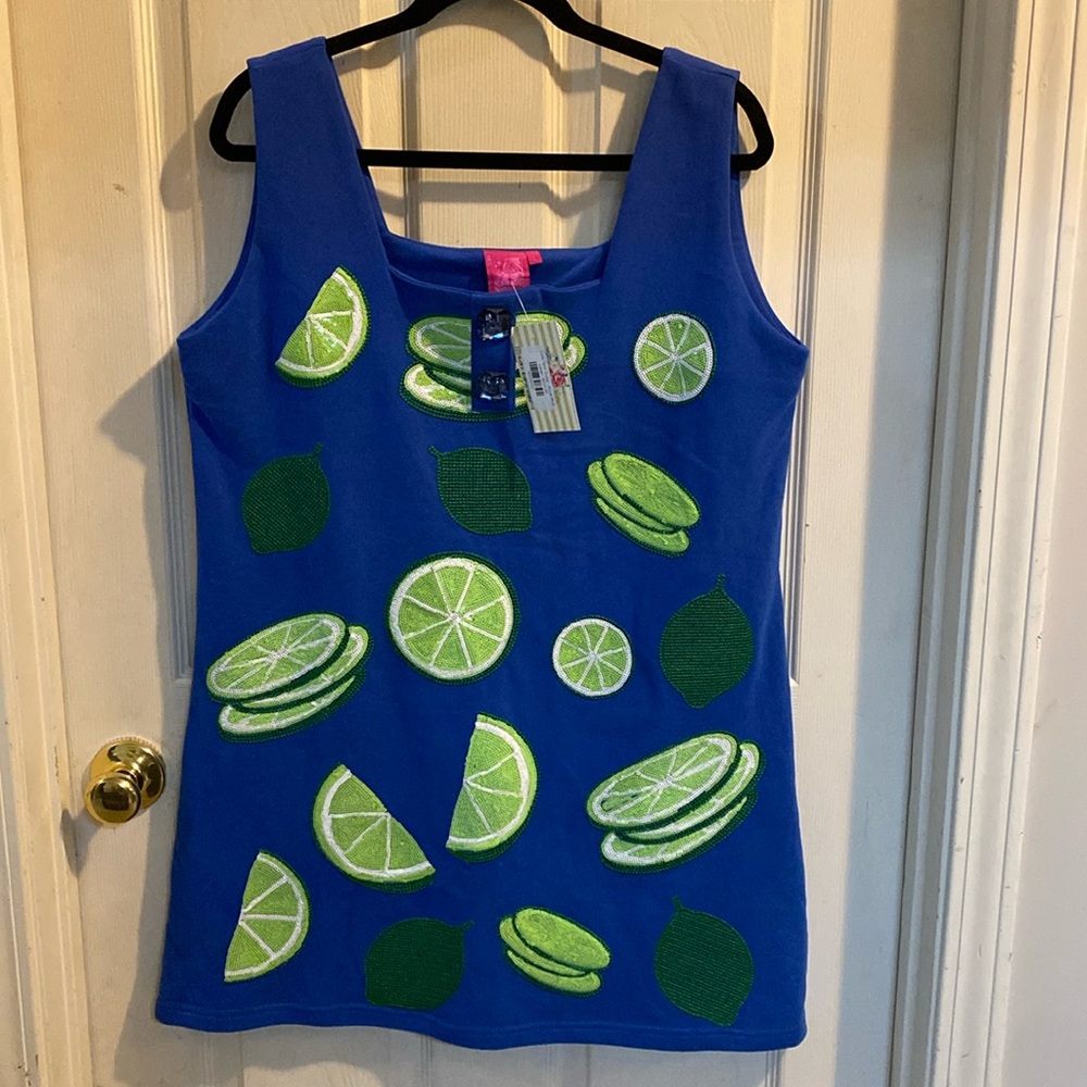 QUEEN OF SPARKLES Blue Tank Top with Lime Appliqué